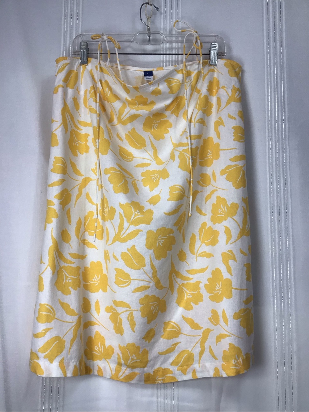 Old Navy Resort Mini Dress Linen Blend White Yellow Self Tie Shoulder Sz.L